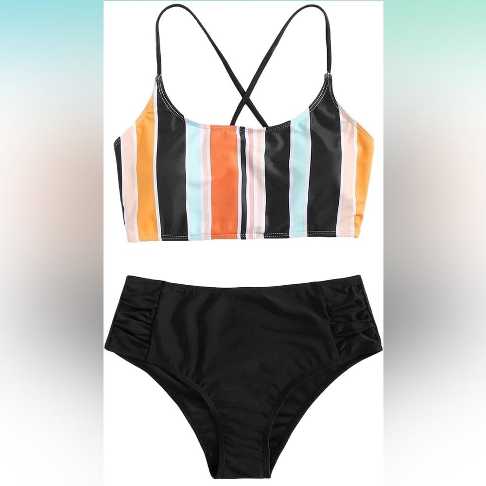 SweatyRocks Women's Striped Criss Cross High Waisted bikini Swimsuit New